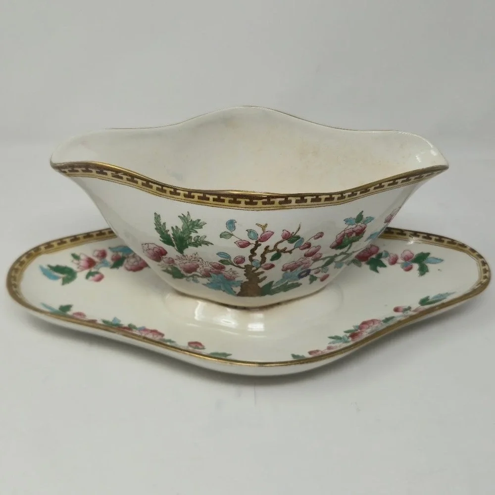 Antique Soho Pottery Indian Tree Gravy Boat Attached Underplate Cobridge England